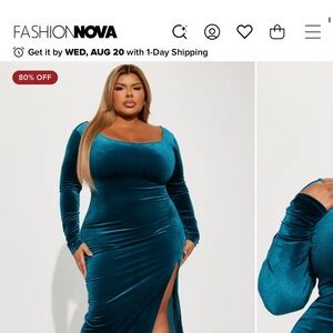 Fashion Nova Teal Long Sleeve Dress with Slit